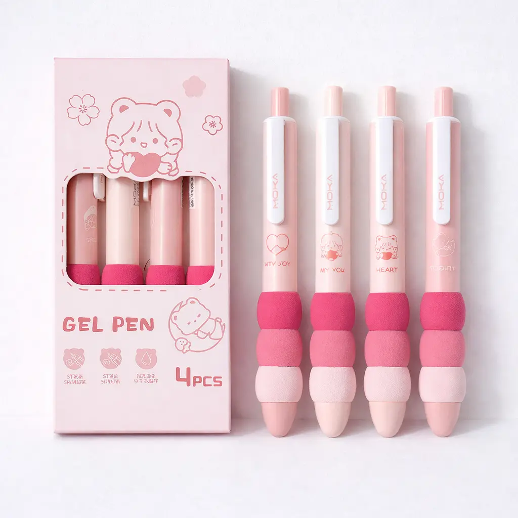 Caja de 4 Lápices Tinta Gel Rosado con Esponjita 