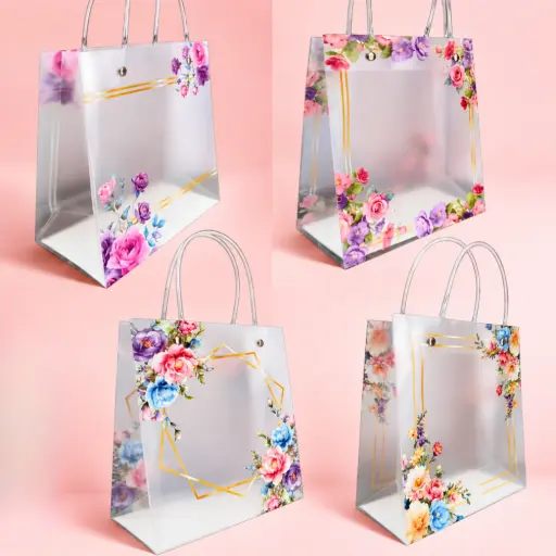 [EE26-1725] Bolsa de Regalo Transparente Floral con Detalles Dorados Pequeña